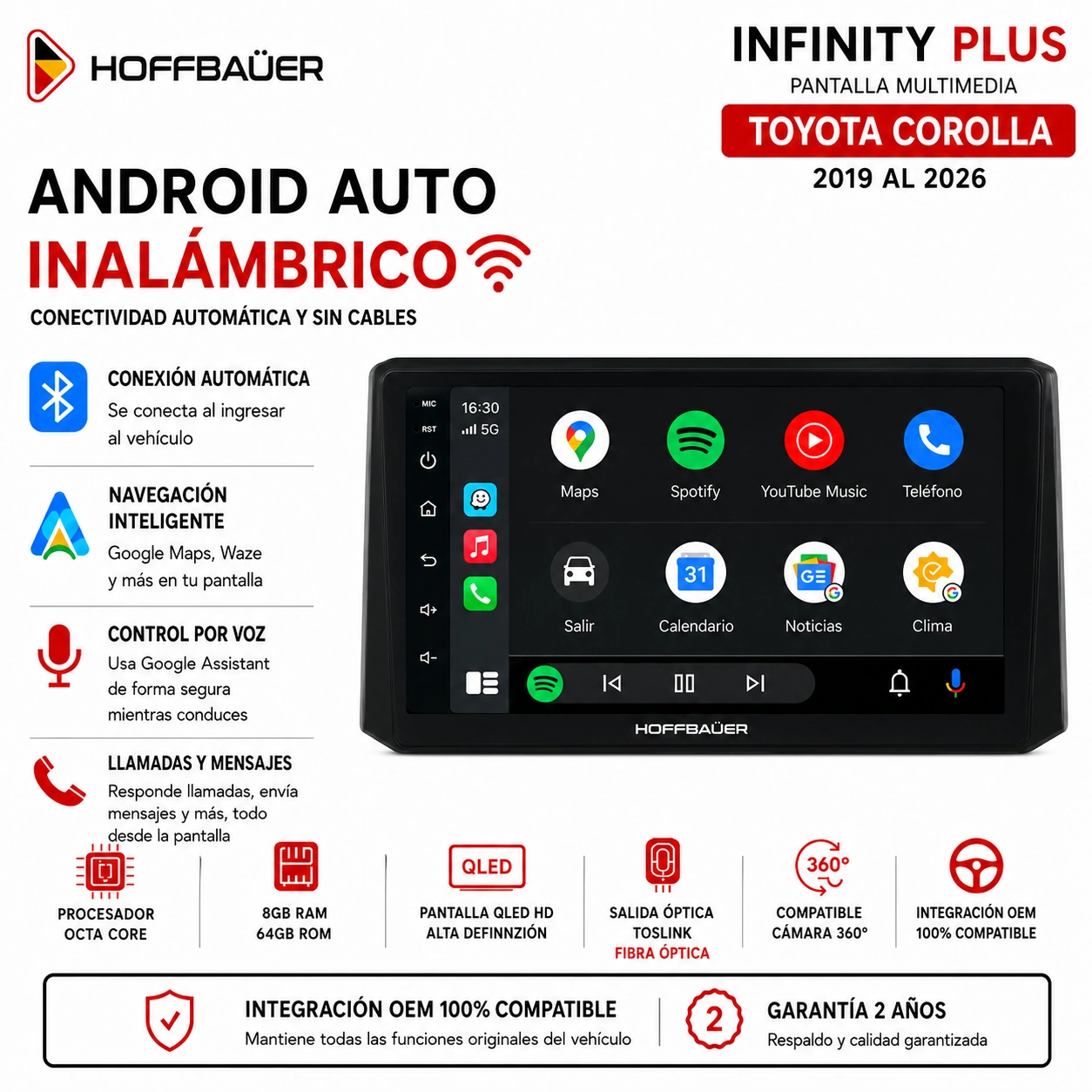 Toyota Corolla 2019 al 2026 Pantalla Hoffbaüer Infinity Plus CarPlay & Android Auto - Imagen 3