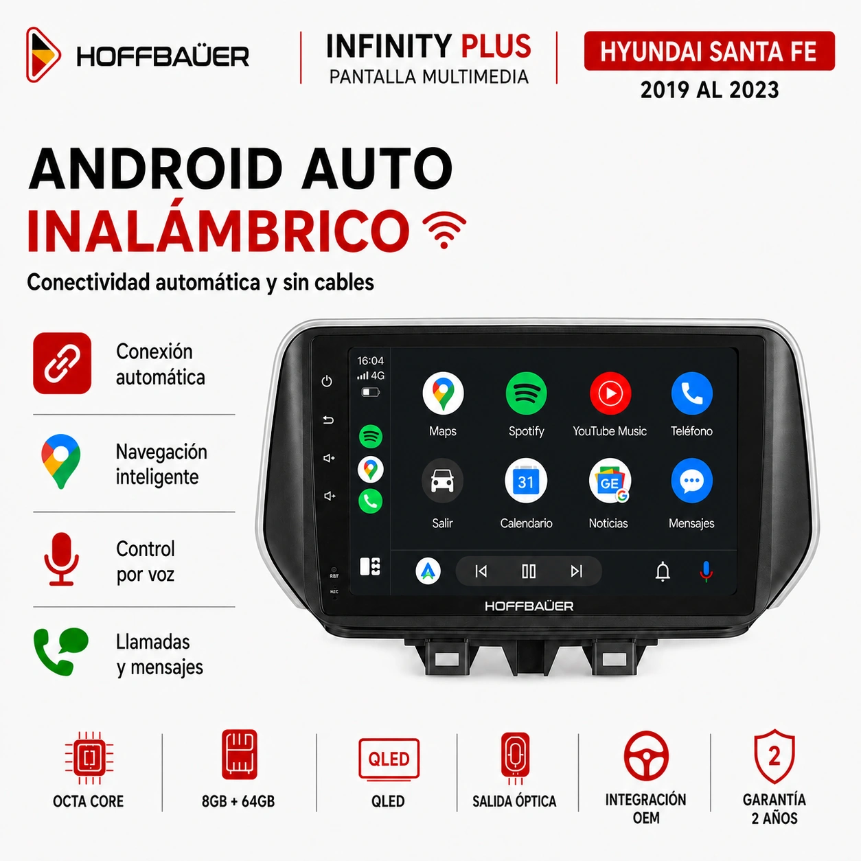 Hyundai Santa Fe 2019 al 2023 Pantalla Hoffbaüer Infinity Plus CarPlay & Android Auto - Imagen 4