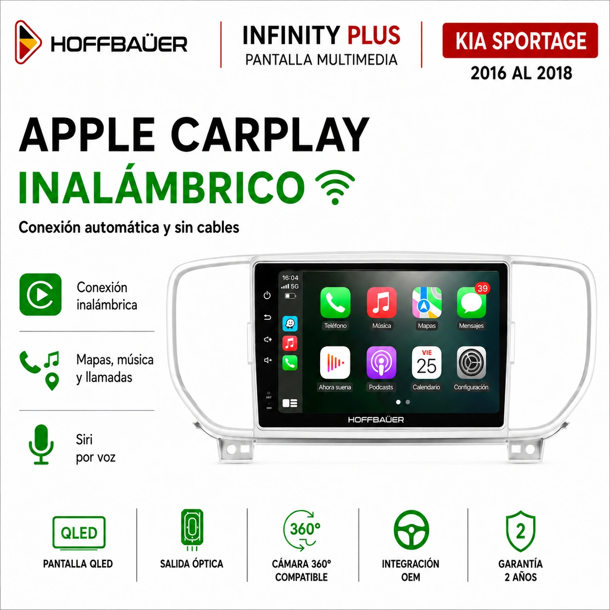 Kia Sportage 2016 al 2018 Pantalla Hoffbaüer Infinity Plus CarPlay & Android Auto - Imagen 3