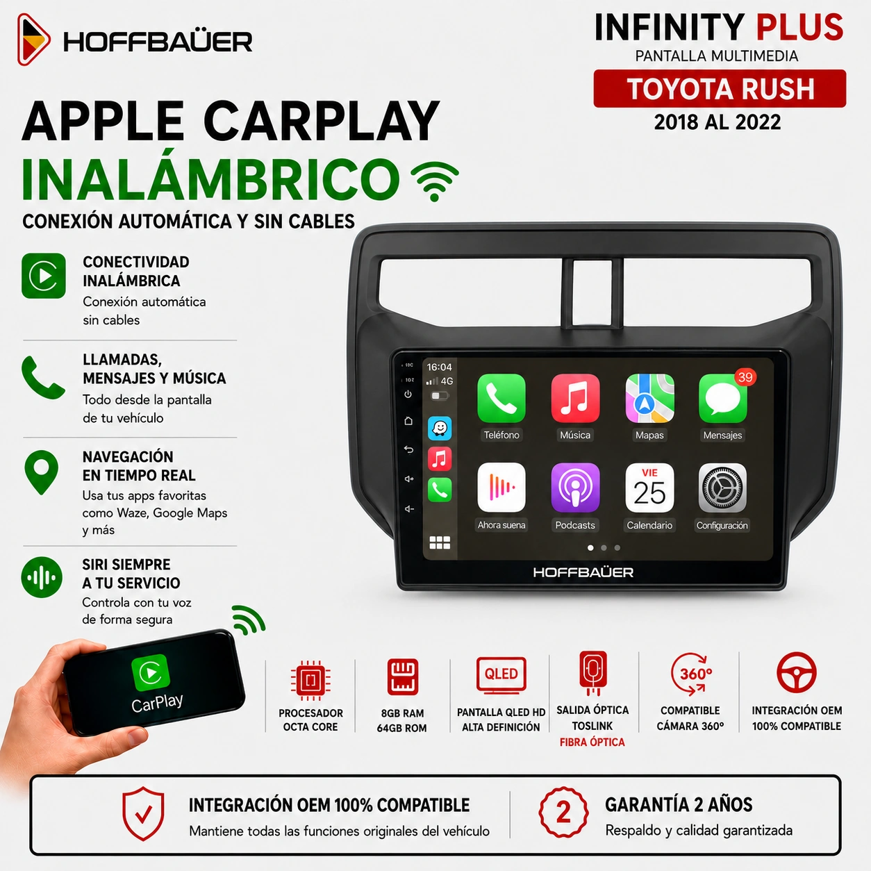 Toyota Rush 2018 al 2022 Pantalla Hoffbaüer Infinity Plus CarPlay & Android Auto - Imagen 2