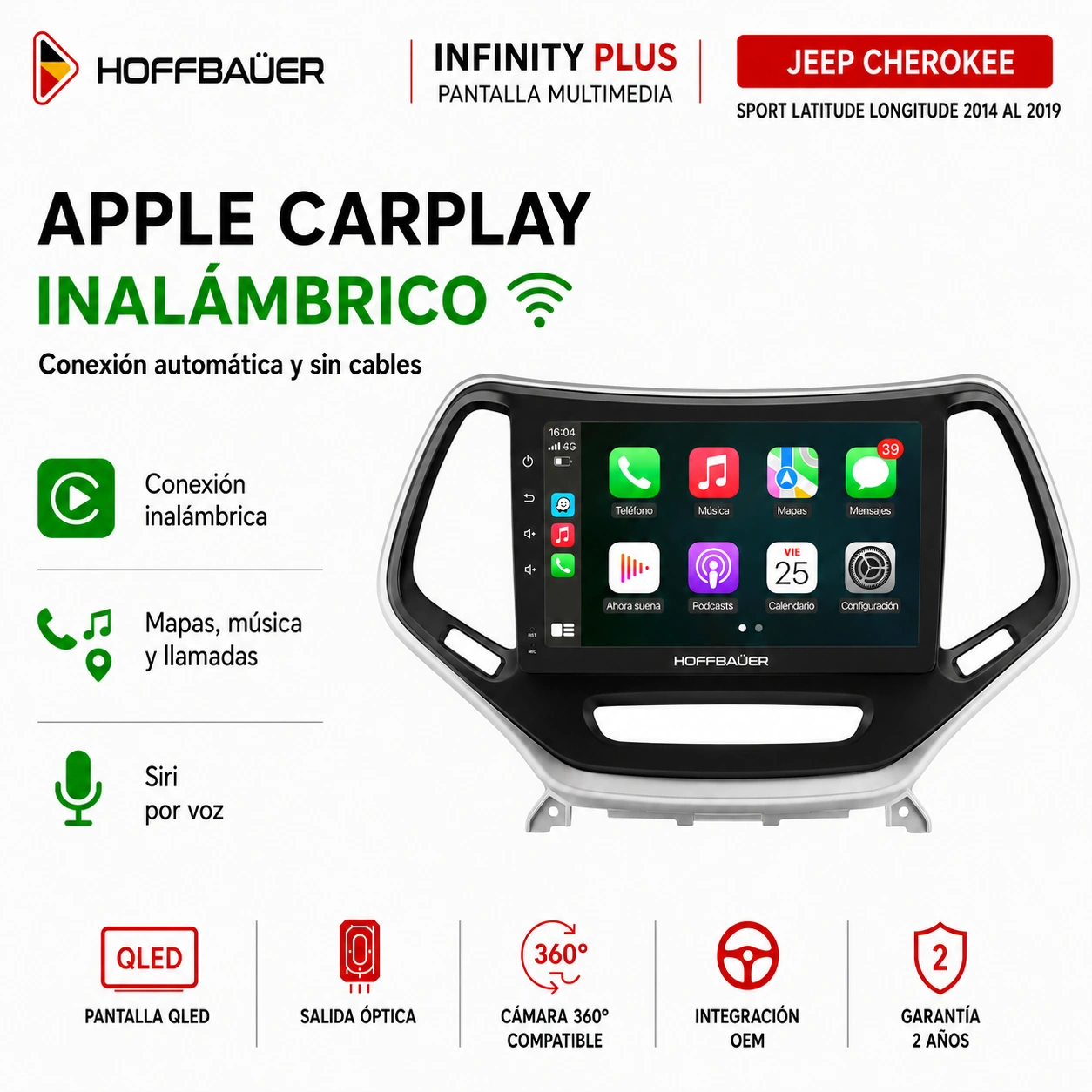 Jeep Cherokee Sport Latitude Longitude 2014 al 2019 Pantalla Hoffbaüer Infinity Plus CarPlay & Android Auto - Imagen 3