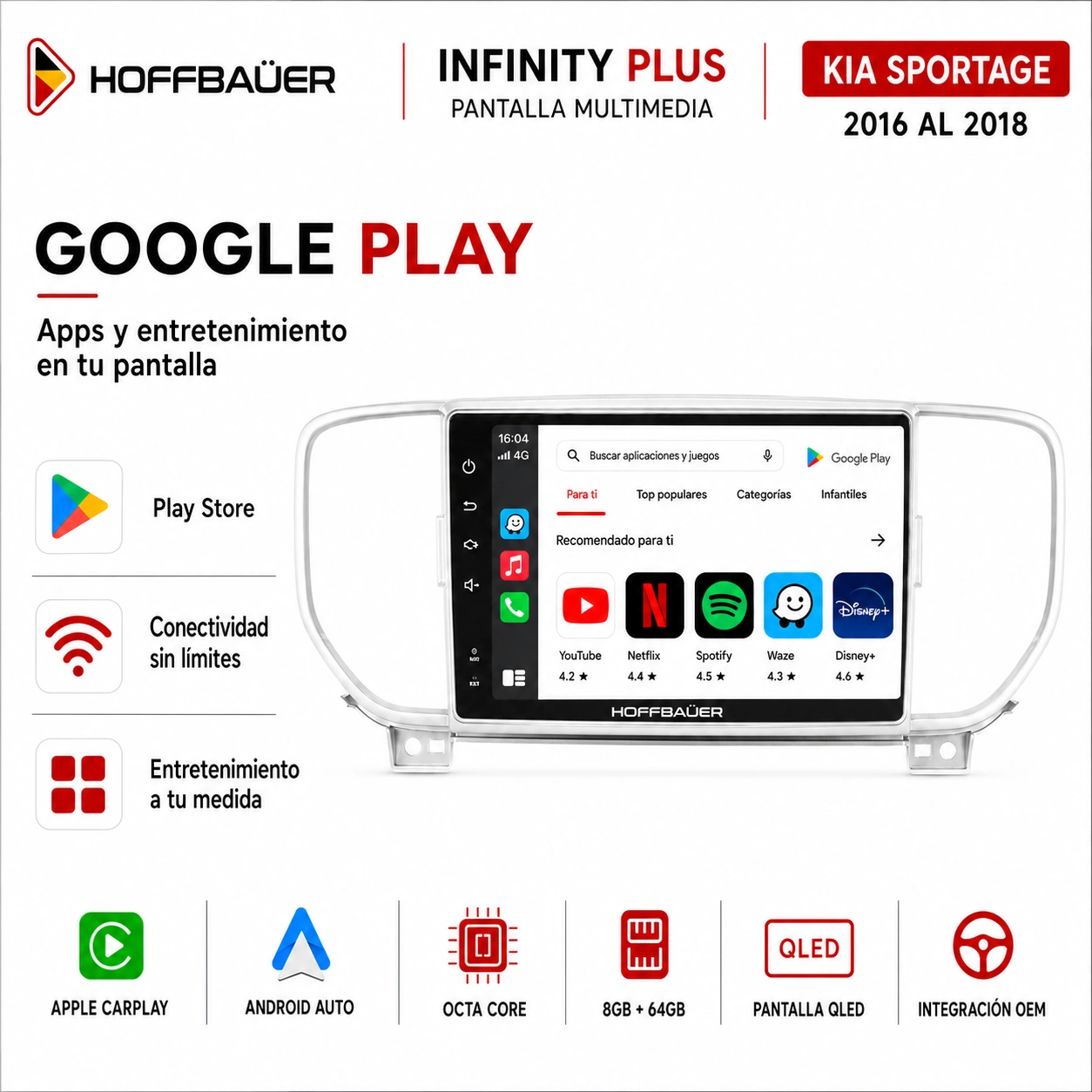 Kia Sportage 2016 al 2018 Pantalla Hoffbaüer Infinity Plus CarPlay & Android Auto - Imagen 5