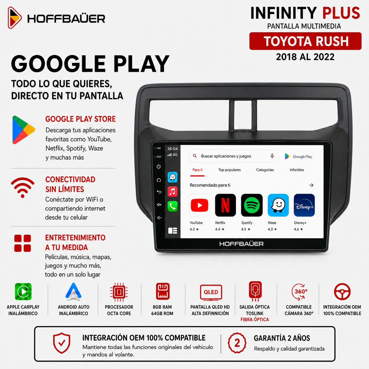 Toyota Rush 2018 al 2022 Pantalla Hoffbaüer Infinity Plus CarPlay & Android Auto - Imagen 4