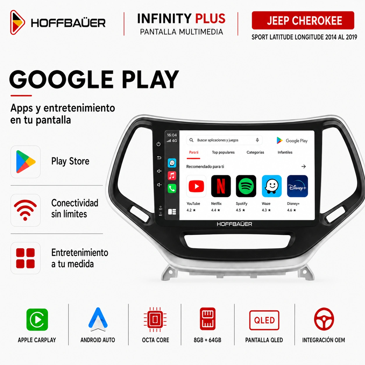 Jeep Cherokee Sport Latitude Longitude 2014 al 2019 Pantalla Hoffbaüer Infinity Plus CarPlay & Android Auto - Imagen 5