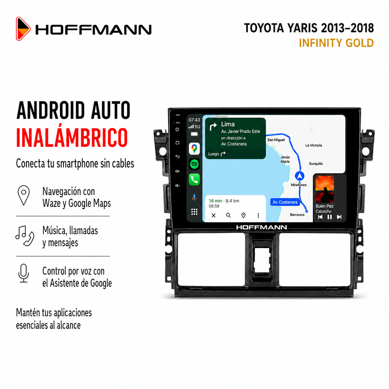 Android Auto inalámbrico en pantalla Hoffmann para Toyota Yaris 2013 al 2018