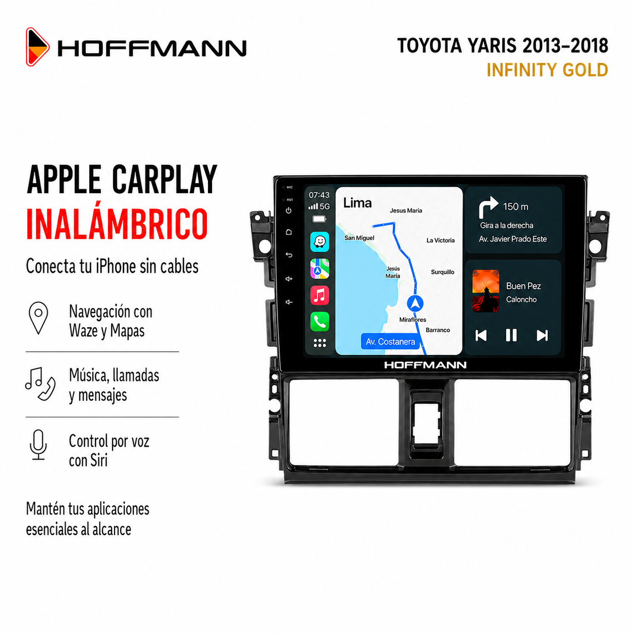 Apple CarPlay inalámbrico en pantalla Hoffmann para Toyota Yaris 2013 al 2018