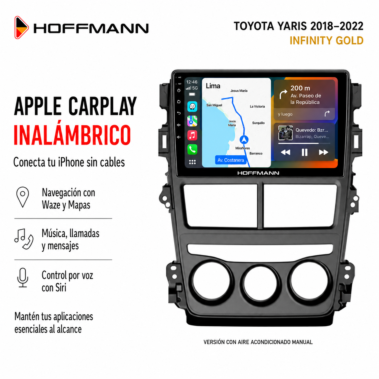 Apple CarPlay inalámbrico para Toyota Yaris 2018 al 2022 con aire acondicionado manual