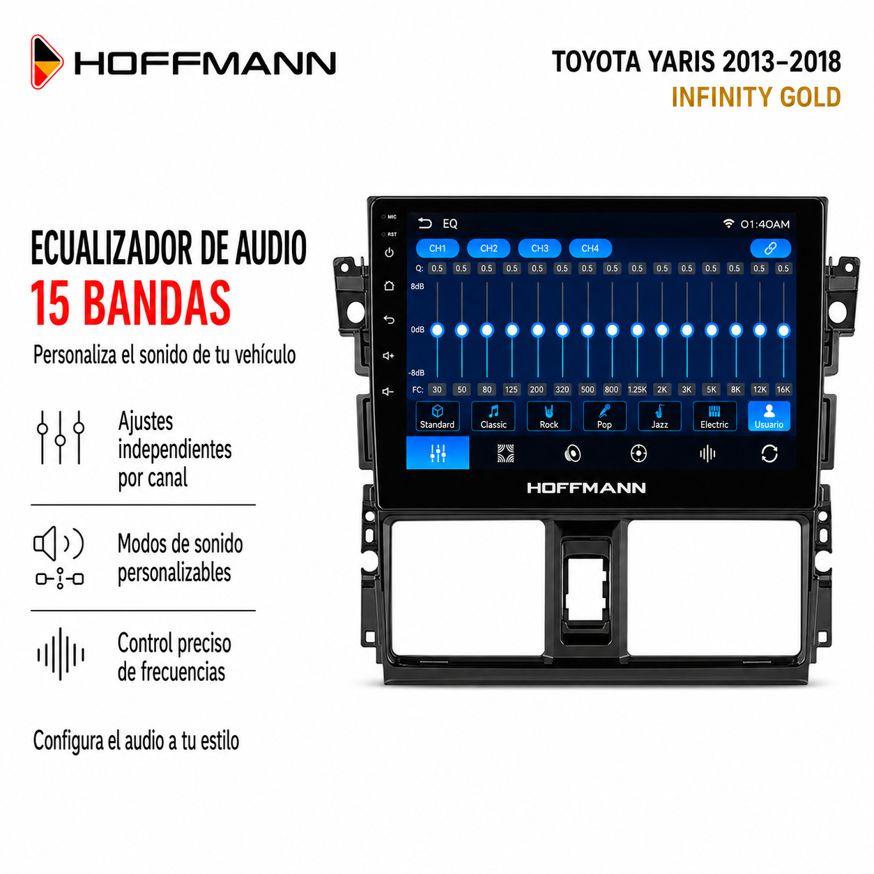 Ecualizador de 15 bandas en pantalla Hoffmann para Toyota Yaris 2013 al 2018