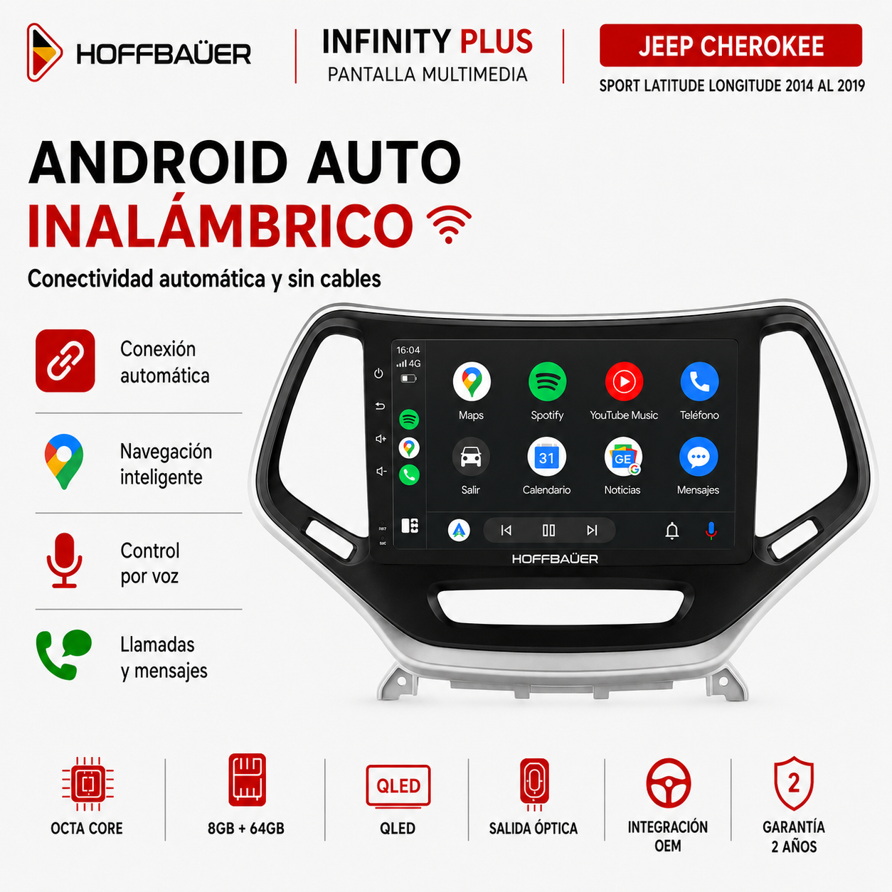 Jeep Cherokee Sport Latitude Longitude 2014 al 2019 Pantalla Hoffbaüer Infinity Plus CarPlay & Android Auto - Imagen 4