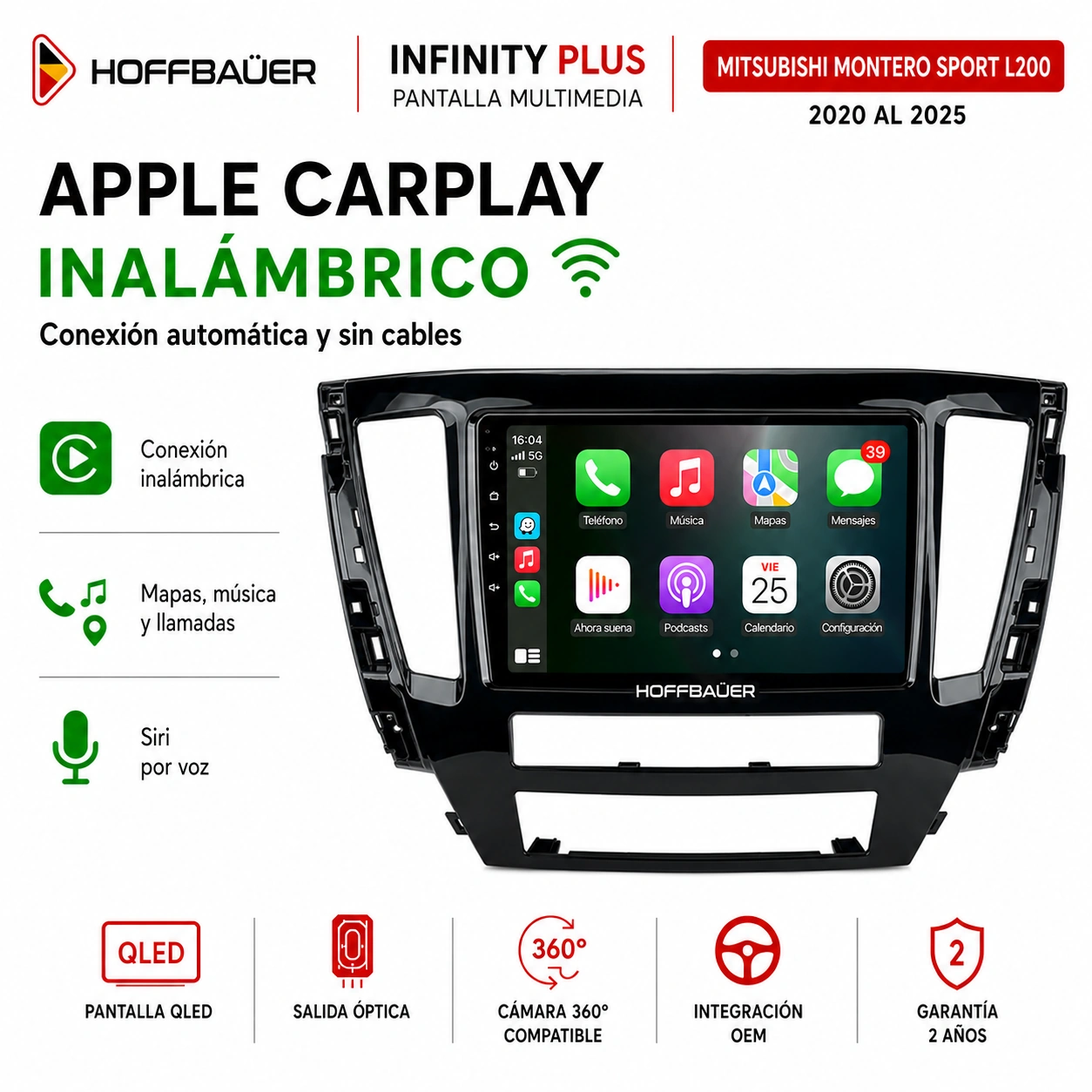 Mitsubishi Montero Sport L200 2020 al 2025 Pantalla Hoffbaüer Infinity Plus CarPlay & Android Auto - Imagen 3