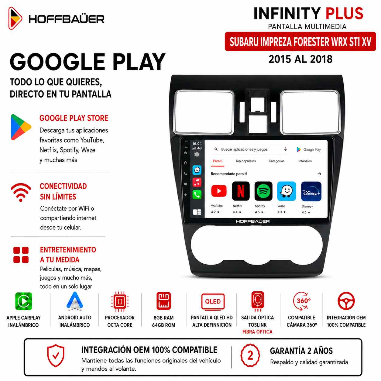 Subaru Impreza Forester WRX STI XV 2015 al 2018 Pantalla Hoffbaüer Infinity Plus CarPlay & Android Auto - Imagen 4