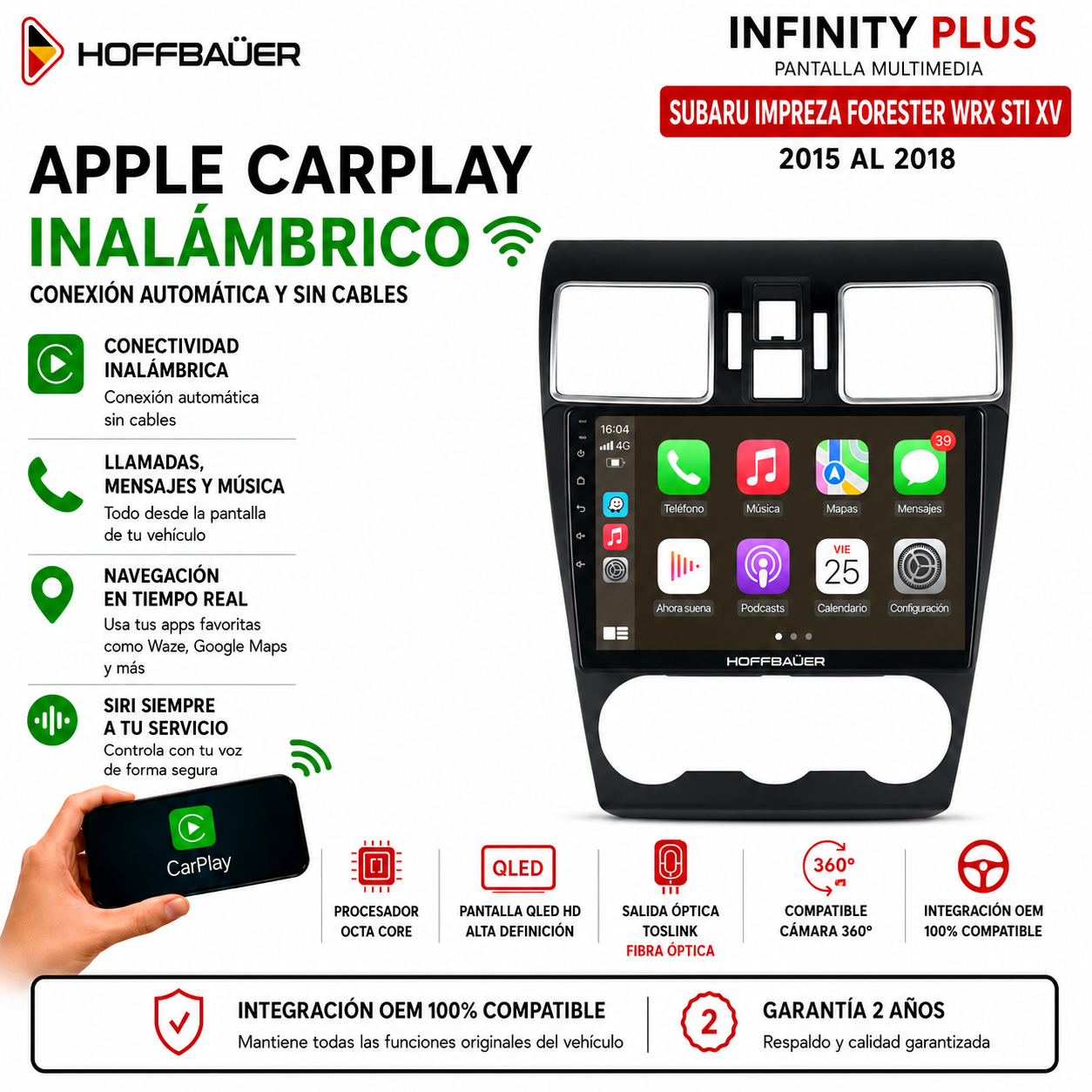Subaru Impreza Forester WRX STI XV 2015 al 2018 Pantalla Hoffbaüer Infinity Plus CarPlay & Android Auto - Imagen 2