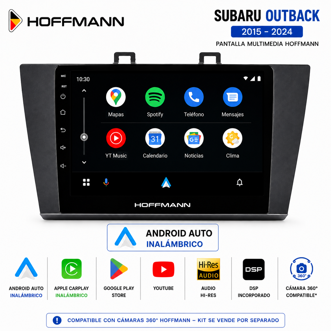 Pantalla Hoffmann compatible con Android Auto inalámbrico para Subaru Outback 2015-2024.