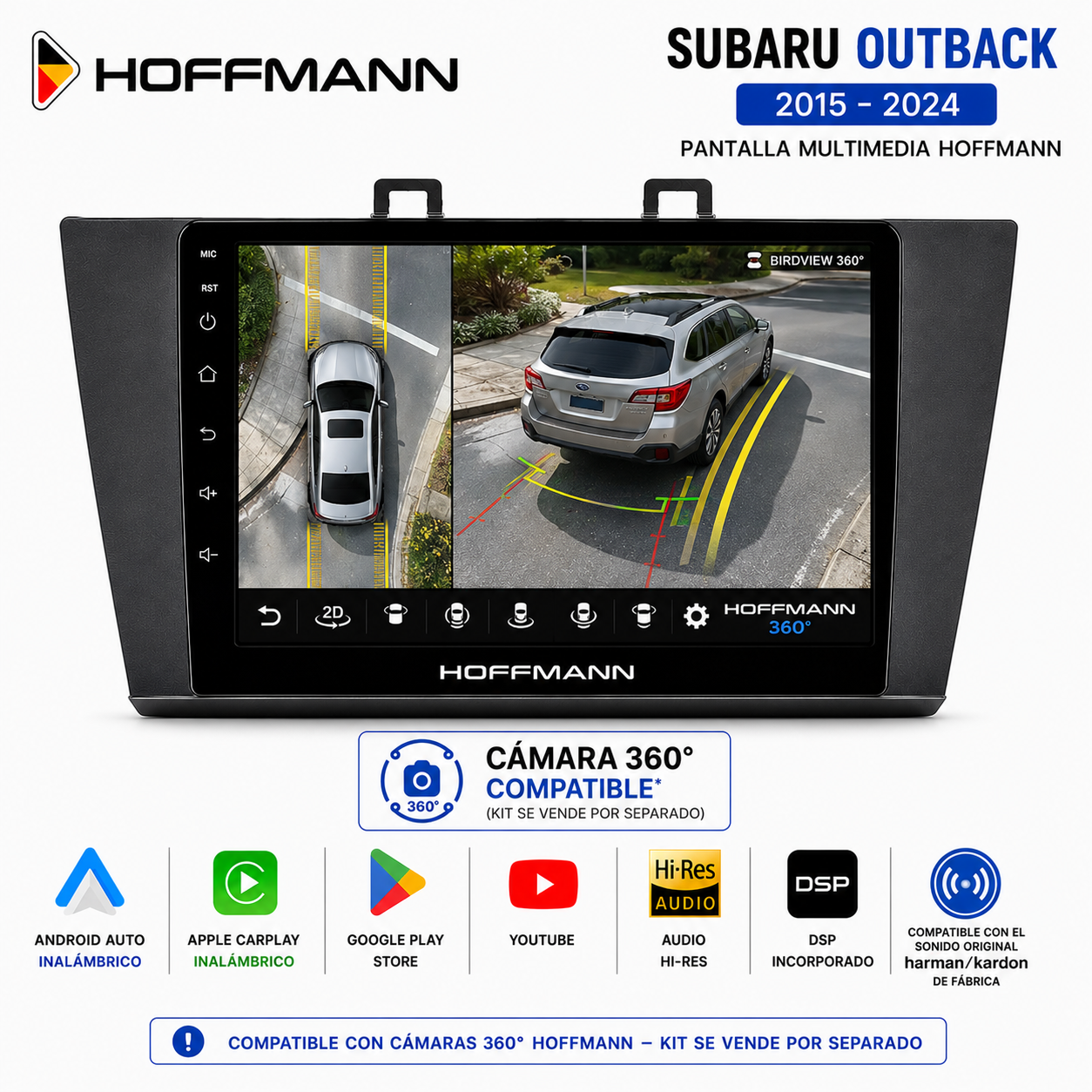 Pantalla Hoffmann compatible con sistema de cámaras 360 grados para Subaru Outback 2015-2024.