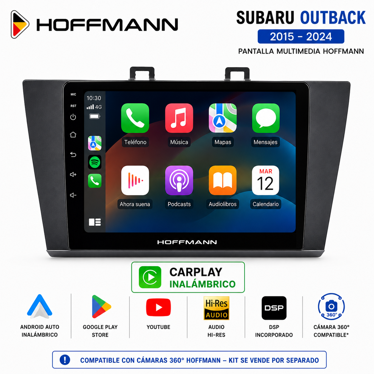 Pantalla multimedia Hoffmann para Subaru Outback 2015 al 2024 con Apple CarPlay inalámbrico.
