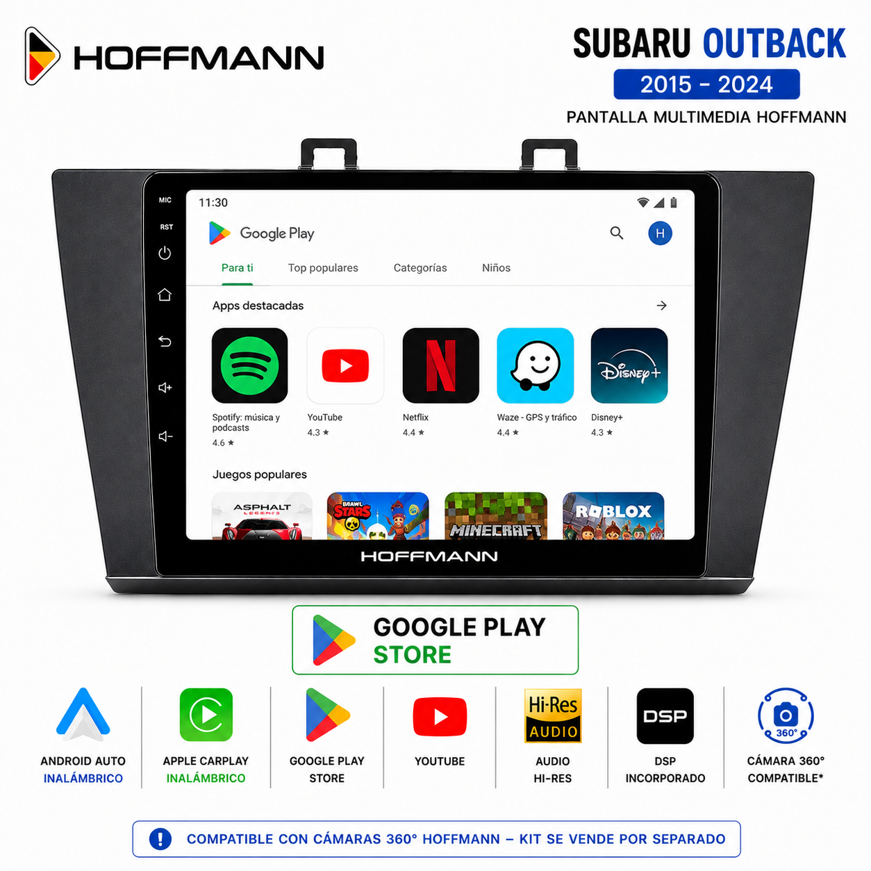 Pantalla multimedia Hoffmann con Google Play Store para Subaru Outback 2015-2024.