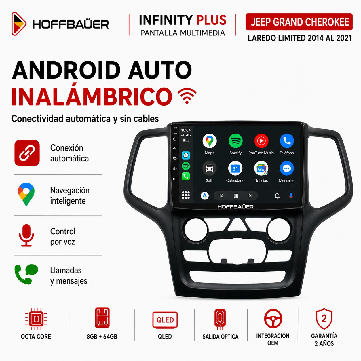 Jeep Grand Cherokee Laredo Limited 2014 al 2021 Pantalla Hoffbaüer Infinity Plus CarPlay & Android Auto - Imagen 4