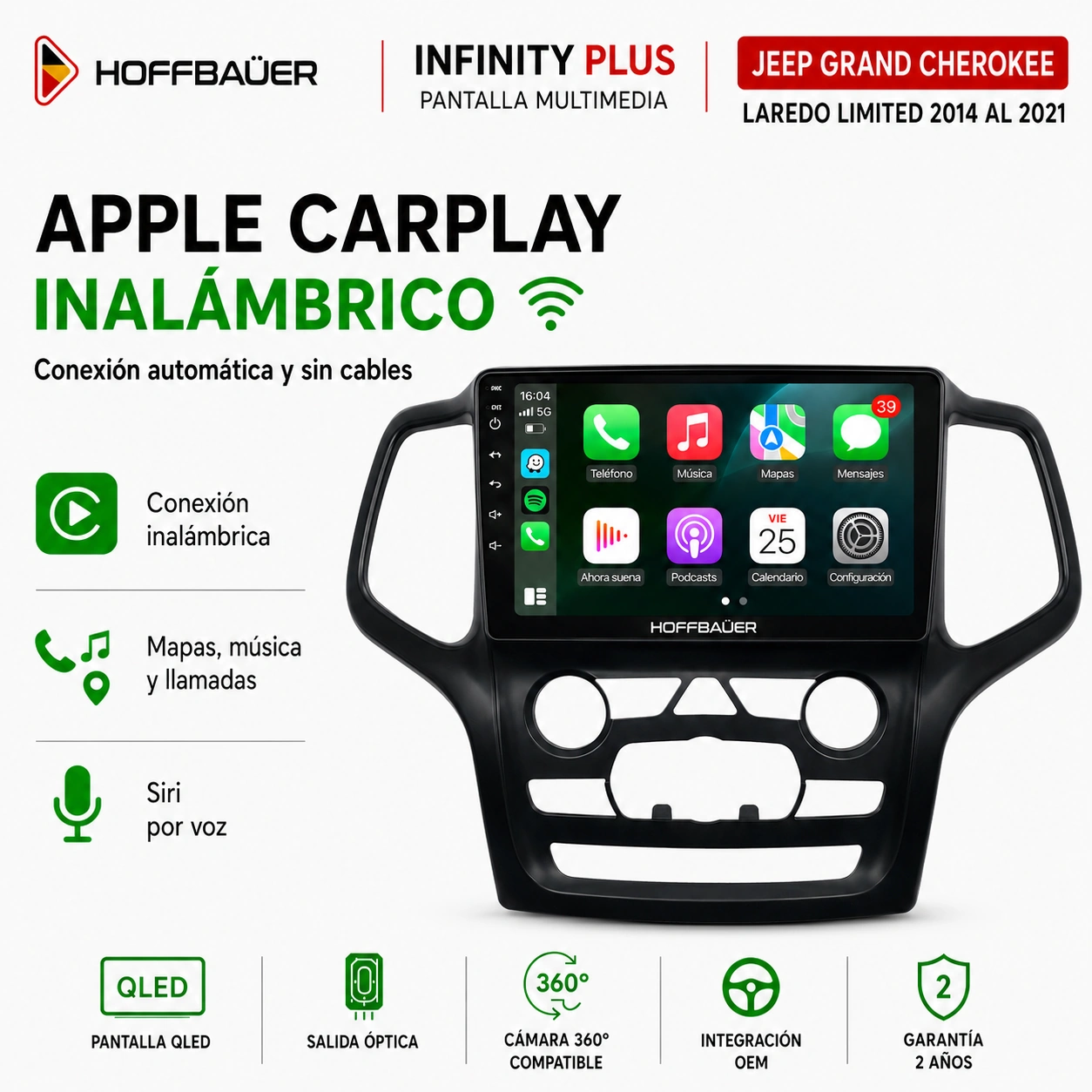 Jeep Grand Cherokee Laredo Limited 2014 al 2021 Pantalla Hoffbaüer Infinity Plus CarPlay & Android Auto - Imagen 3