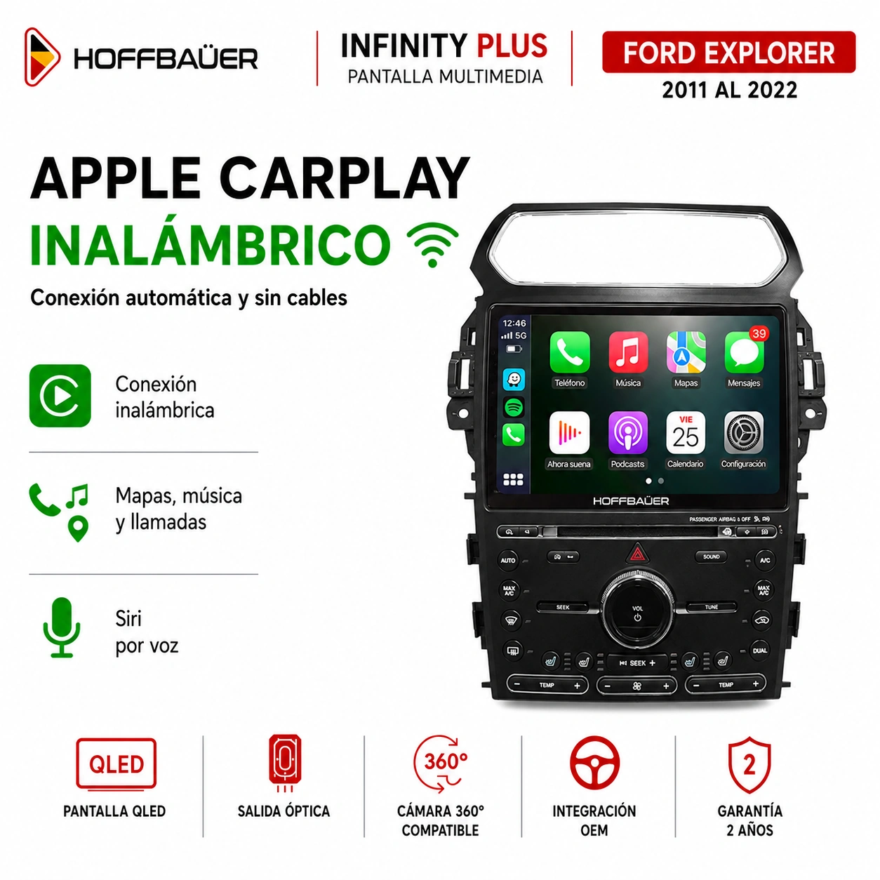 Ford Explorer 2011 al 2022 Pantalla Hoffbaüer Infinity Plus CarPlay & Android Auto - Imagen 3