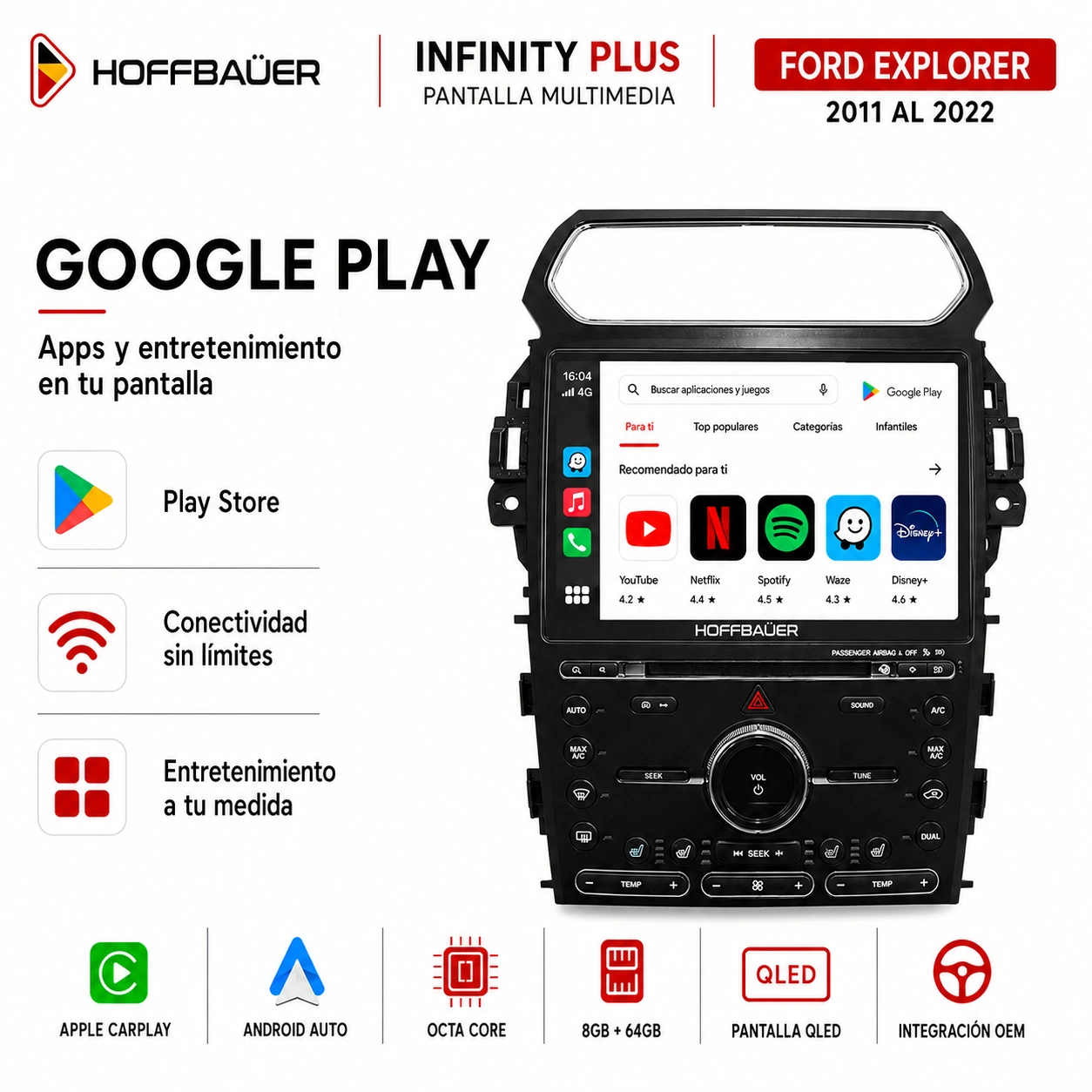 Ford Explorer 2011 al 2022 Pantalla Hoffbaüer Infinity Plus CarPlay & Android Auto - Imagen 5