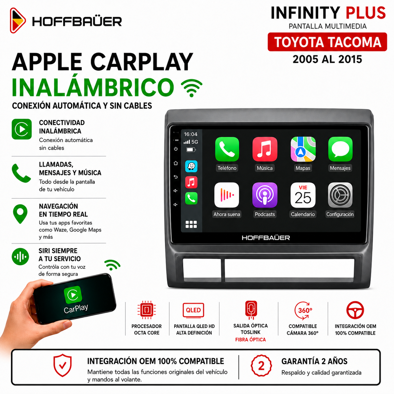 Toyota Tacoma 2005 al 2015 Pantalla Hoffbaüer Infinity Plus CarPlay & Android Auto - Imagen 2