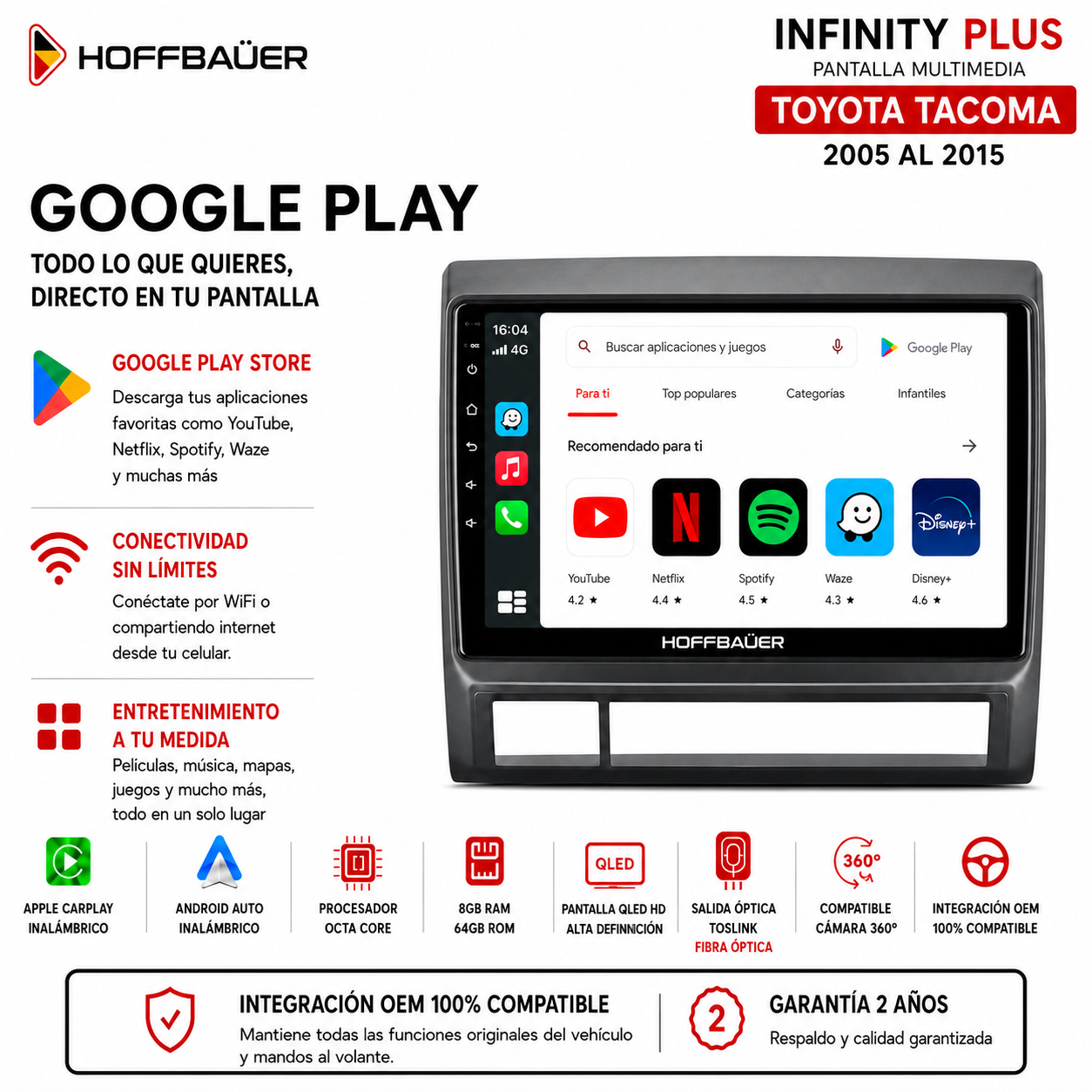 Toyota Tacoma 2005 al 2015 Pantalla Hoffbaüer Infinity Plus CarPlay & Android Auto - Imagen 4