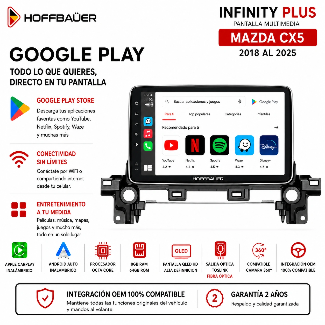 Mazda CX5 2018 al 2025 Pantalla Hoffbaüer Infinity Plus CarPlay & Android Auto - Imagen 4