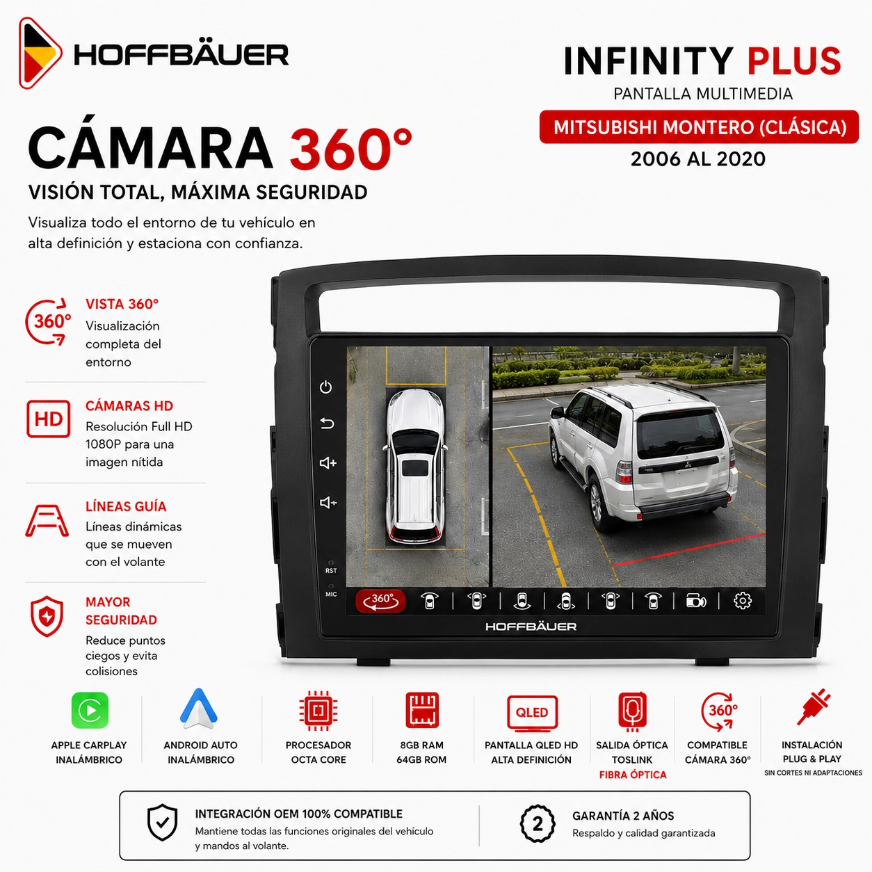 Mitsubishi Montero (Clásica) 2006 al 2020 Pantalla Hoffbaüer Infinity Plus CarPlay & Android Auto