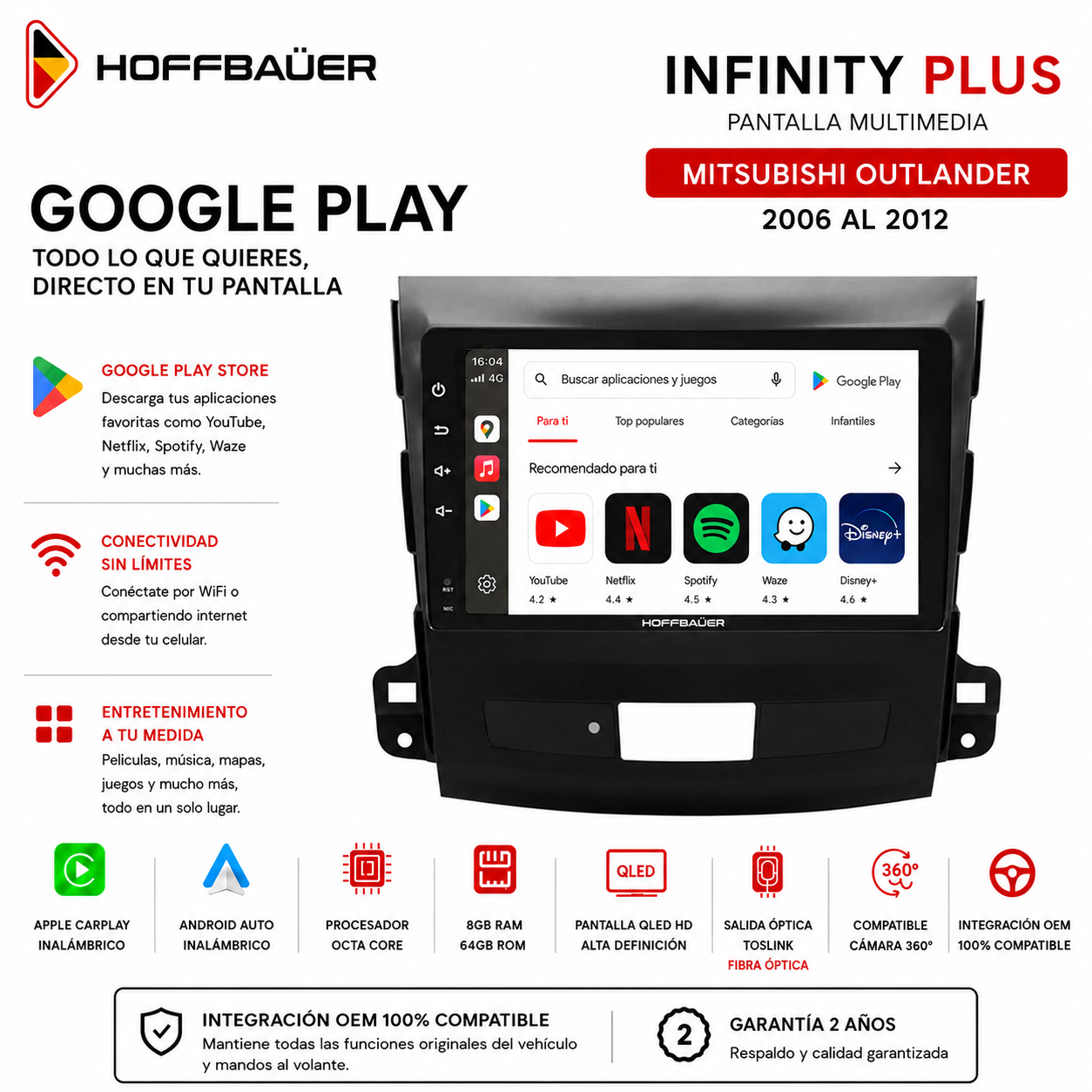 Mitsubishi Outlander 2006 al 2012 Pantalla Hoffbaüer Infinity Plus CarPlay & Android Auto - Imagen 4