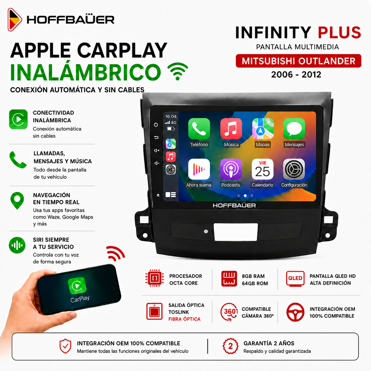 Mitsubishi Outlander 2006 al 2012 Pantalla Hoffbaüer Infinity Plus CarPlay & Android Auto - Imagen 2
