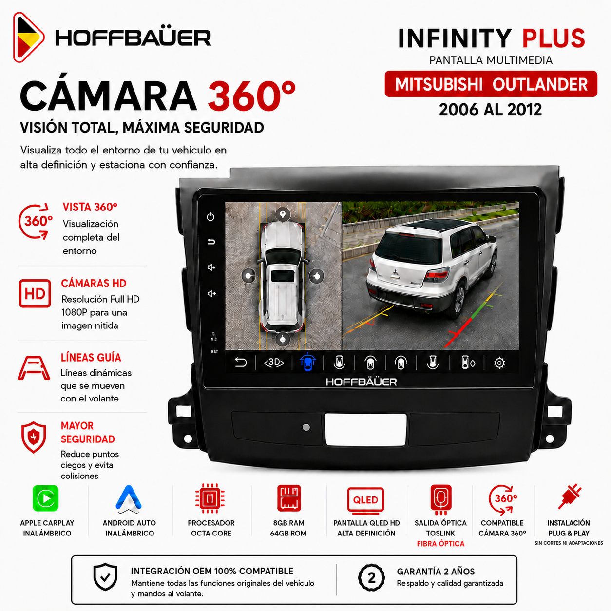 Mitsubishi Outlander 2006 al 2012 Pantalla Hoffbaüer Infinity Plus CarPlay & Android Auto