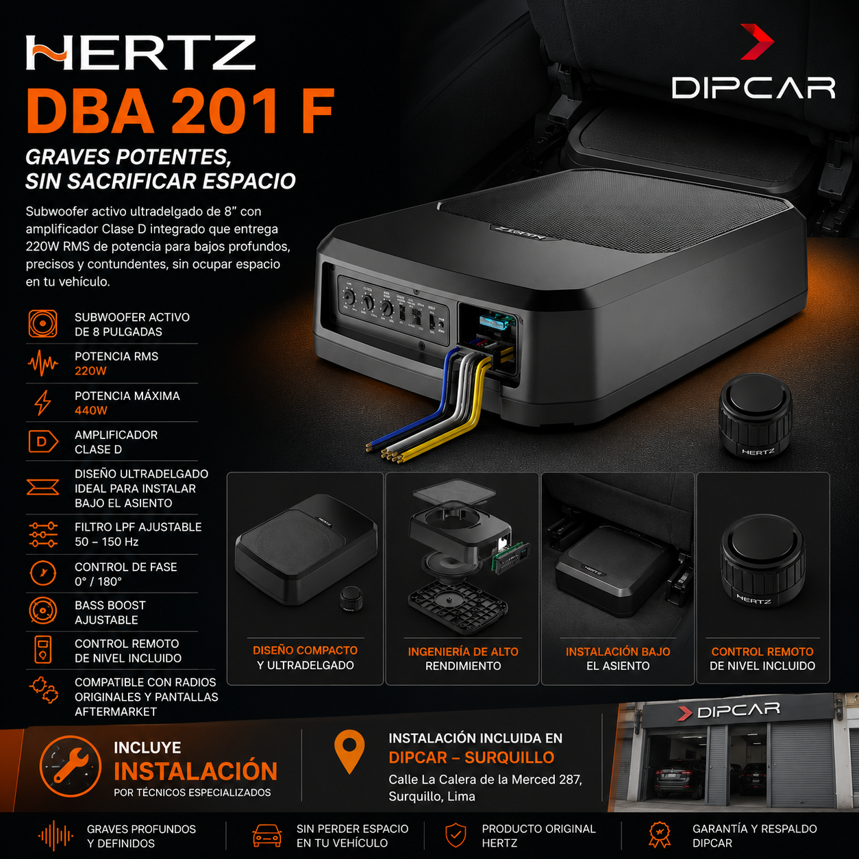 Subwoofer activo Hertz DBA 201 F de 8 pulgadas con amplificador integrado y control remoto de nivel, instalación profesional en Dipcar Surquillo.