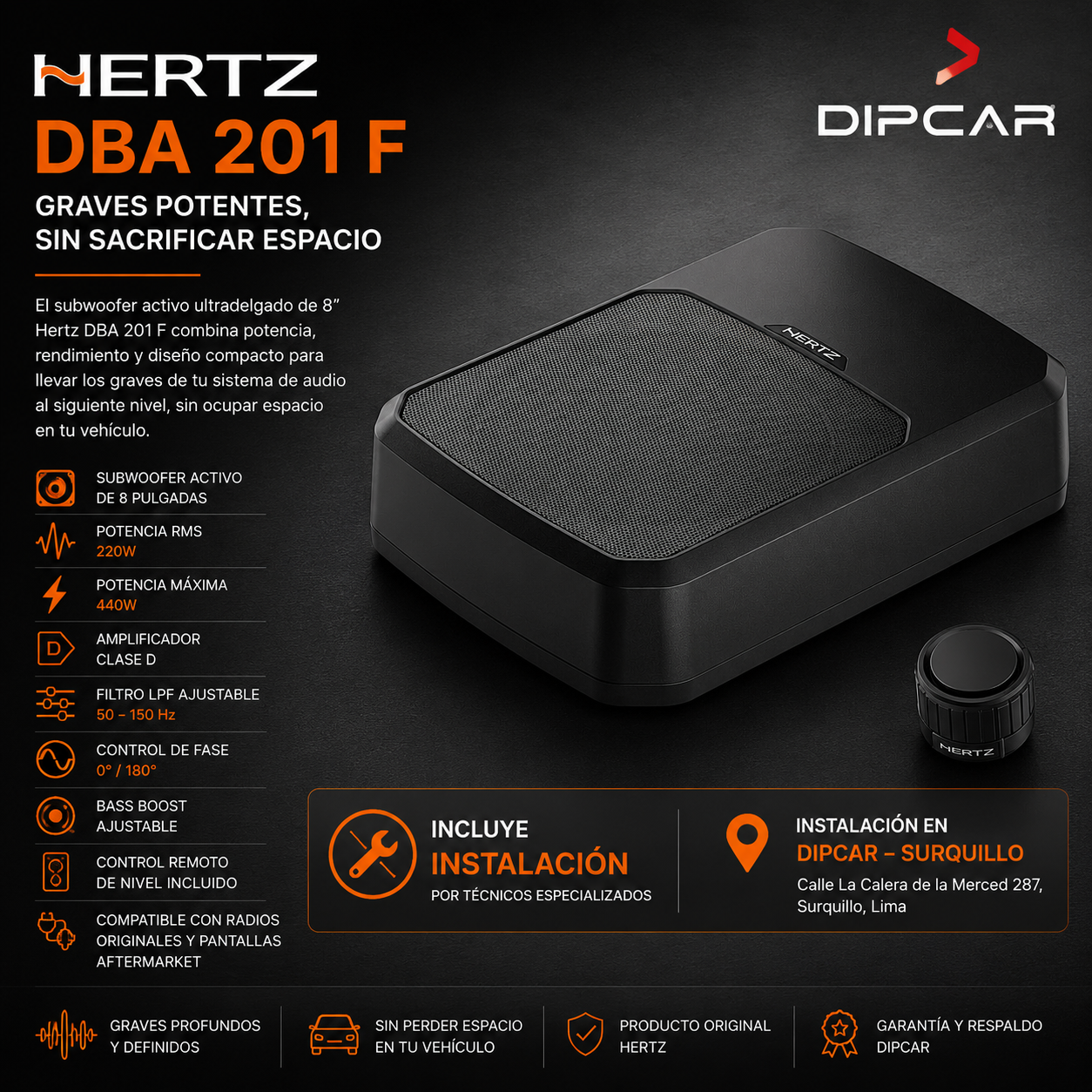 Subwoofer activo Hertz DBA 201 F de 8 pulgadas con amplificador integrado y control remoto de nivel, instalación profesional en Dipcar Surquillo.