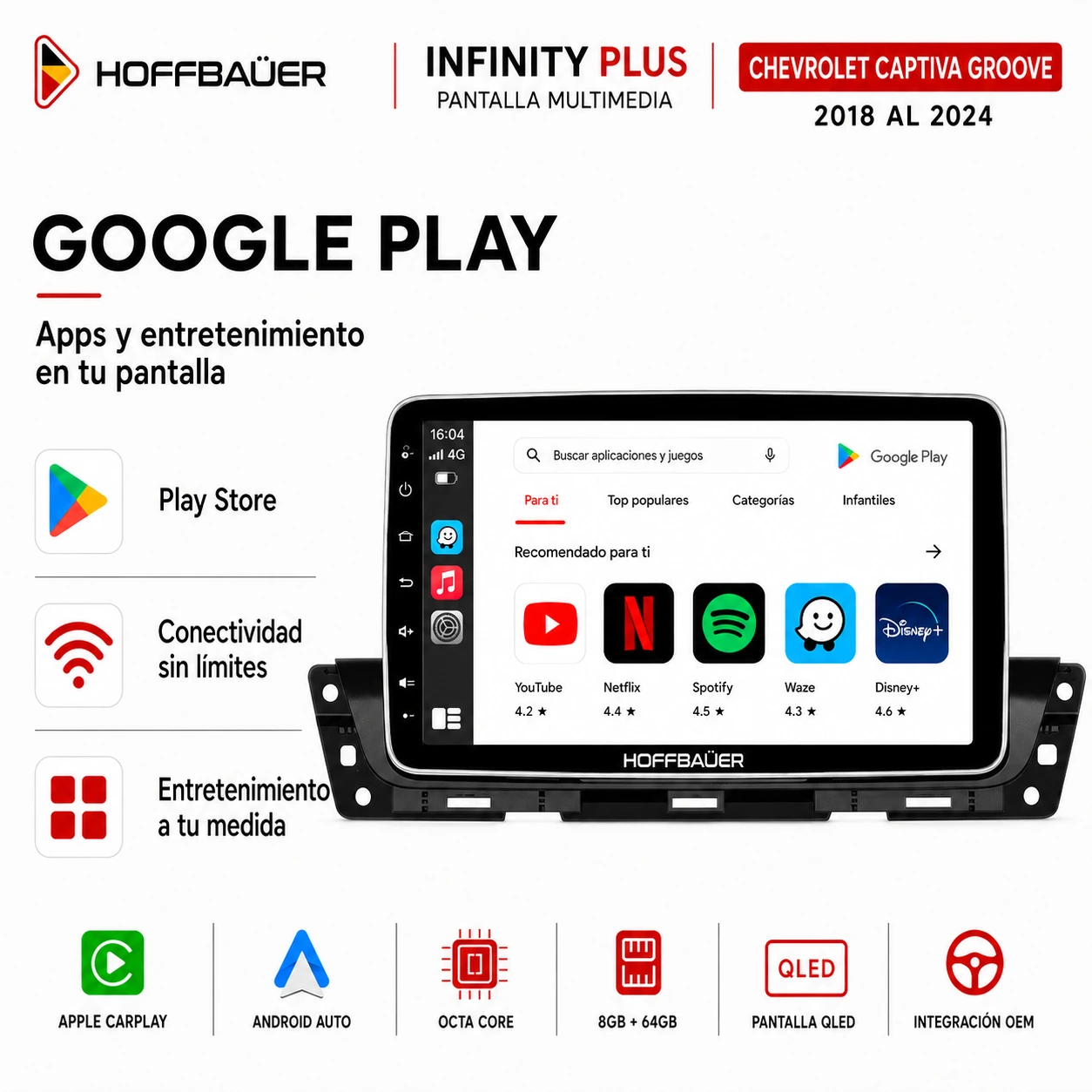 Chevrolet Captiva Groove 2018 al 2024 Pantalla Hoffbaüer Infinity Plus CarPlay & Android Auto - Imagen 5