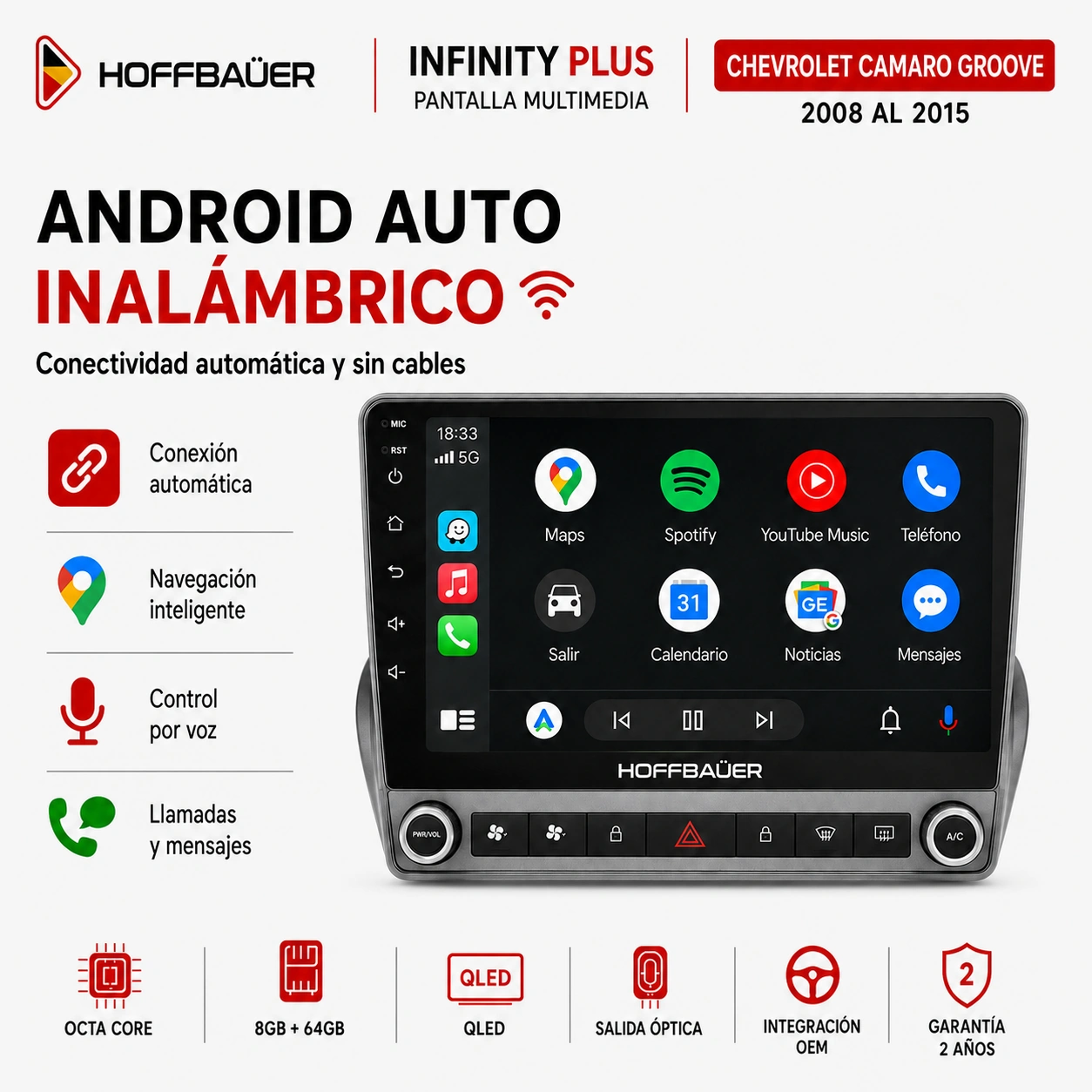 Chevrolet Camaro Groove 2008 al 2015 Pantalla Hoffbaüer Infinity Plus Carplay & Android Auto - Imagen 4