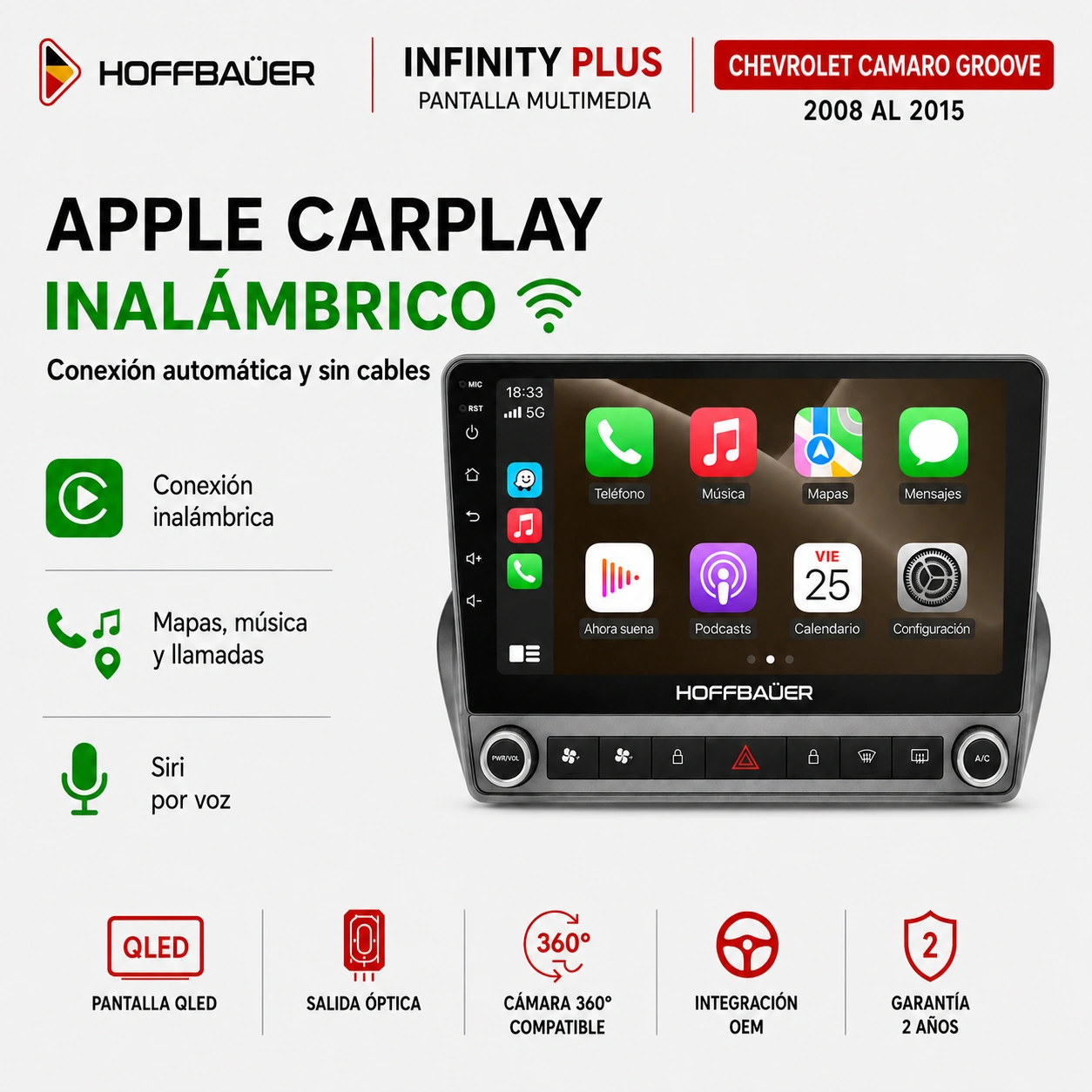 Chevrolet Camaro Groove 2008 al 2015 Pantalla Hoffbaüer Infinity Plus Carplay & Android Auto - Imagen 3