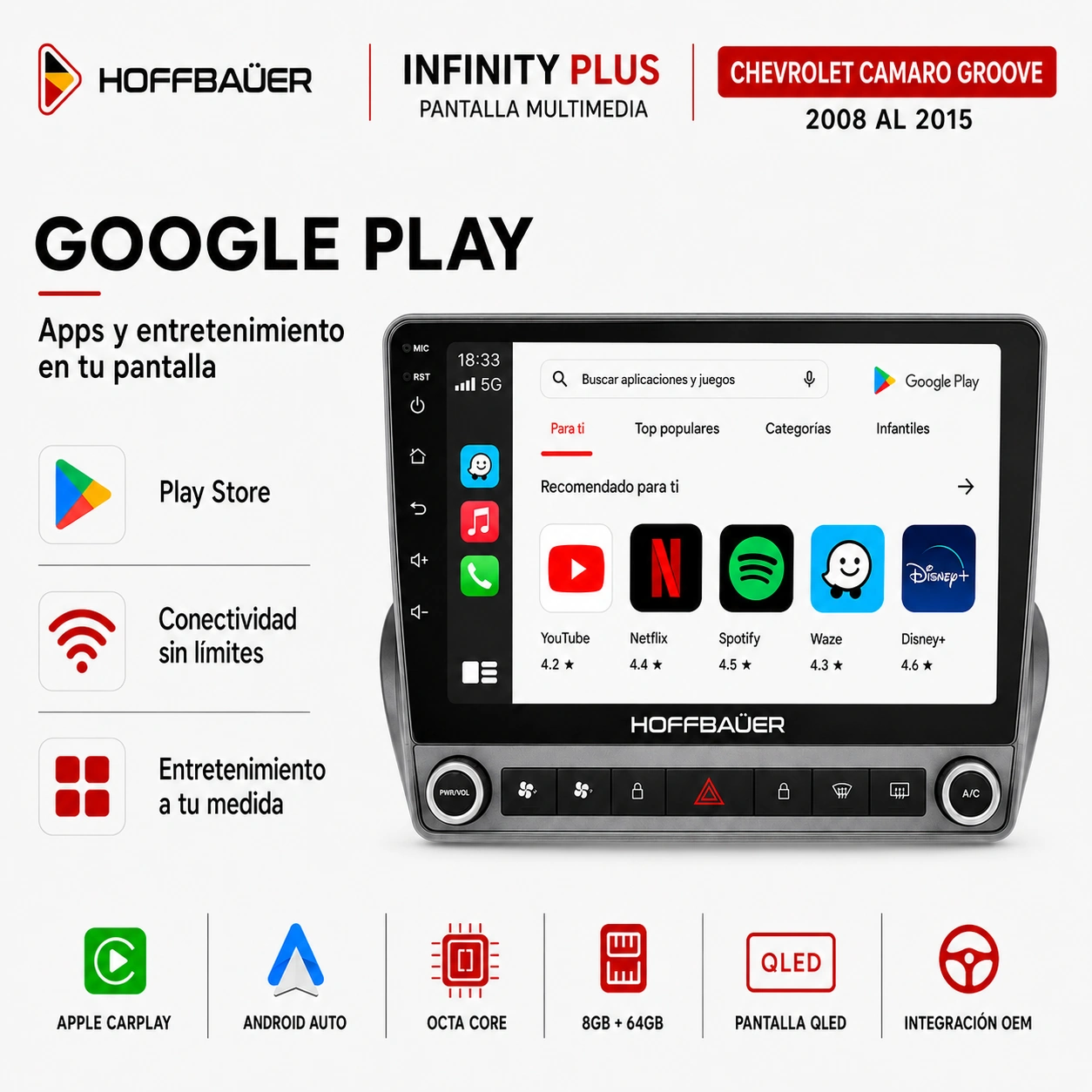 Chevrolet Camaro Groove 2008 al 2015 Pantalla Hoffbaüer Infinity Plus Carplay & Android Auto - Imagen 5